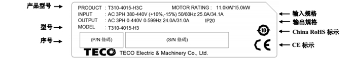 东元变频器T310铭牌说明